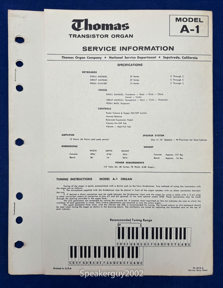 Original Thomas Organ A-1 Service Information - Manual