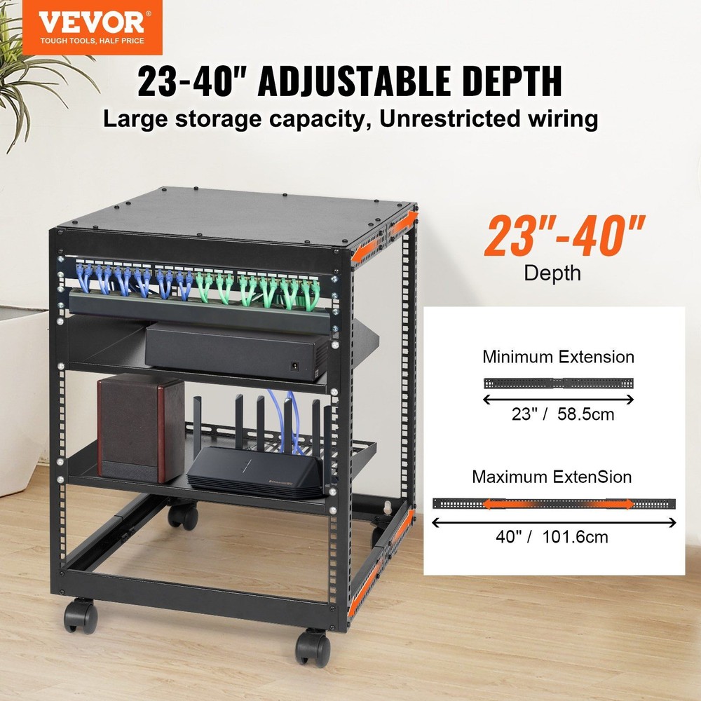 12U 4-Post Open Frame Server Rack 15-40in Adjustable Depth with Casters