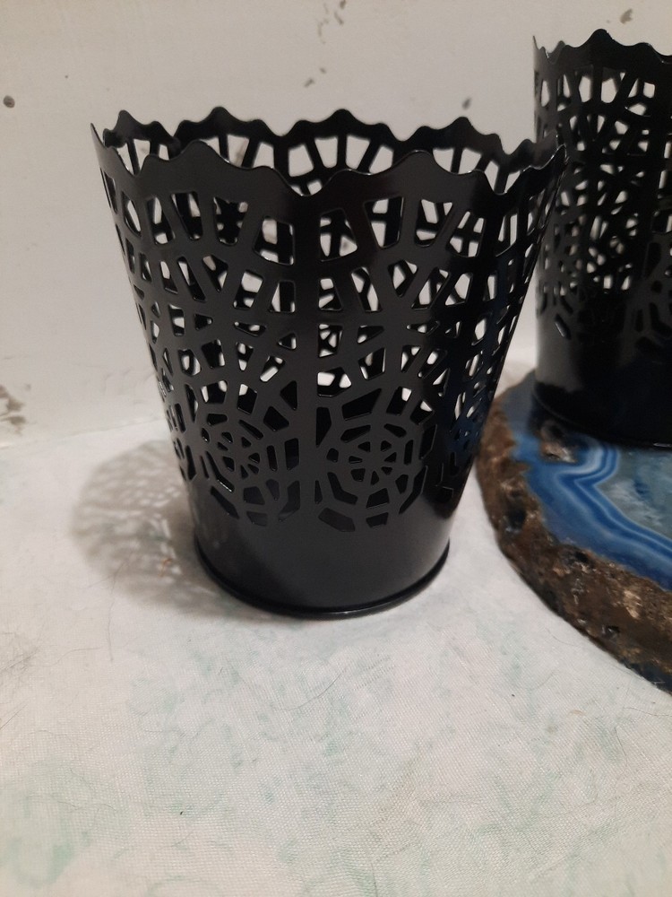 Cute Black Metal Baskets With Patterned Cutouts. Crackle Or Spiderweb Design