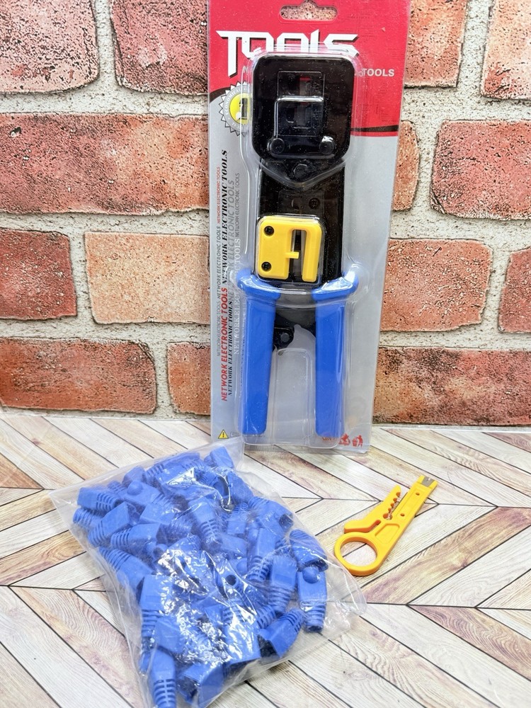 Network Electronic Tools RJ45 Crimp Tool Kit w/ Wire Stripper, Covers New
