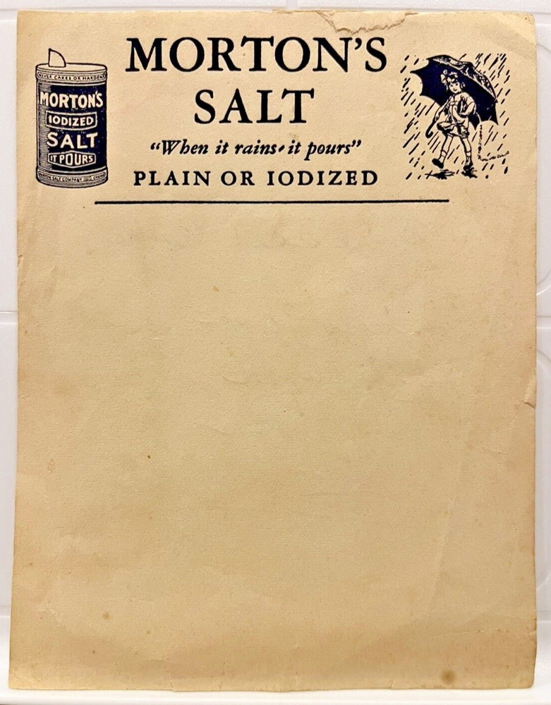 Morton's Salt Note Letterhead When It Rains It Pours Plain or Iodized - 1940s?