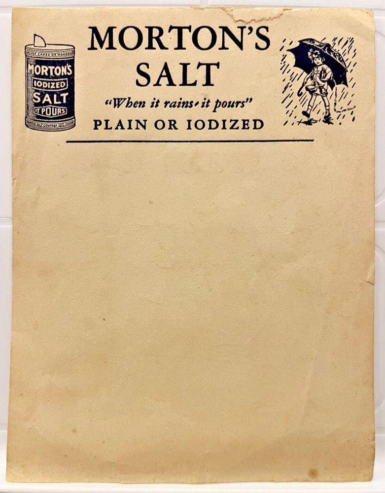 Morton's Salt Note Letterhead When It Rains It Pours Plain or Iodized - 1940s?