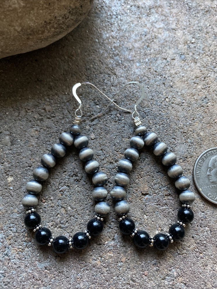 Sterling Silver Black Onyx W Pearls Bead Loop Earrings.