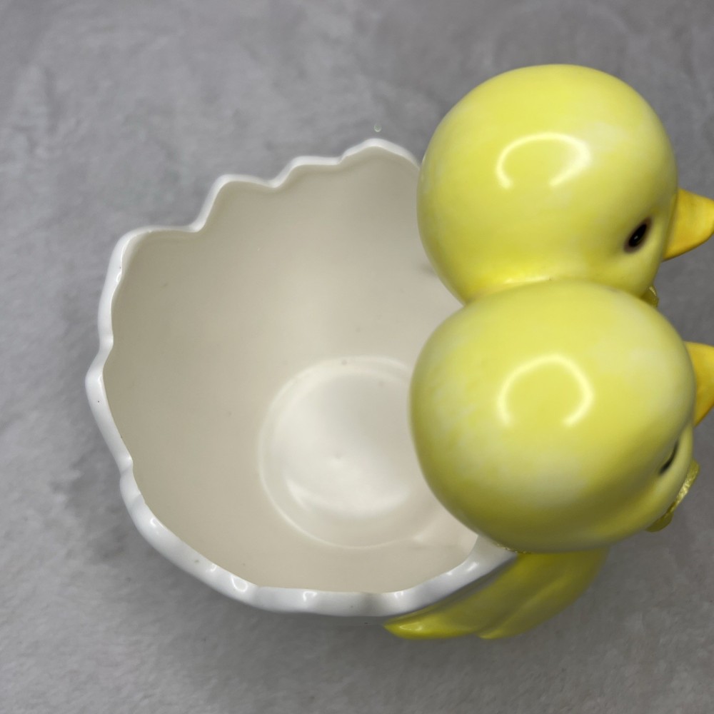 Dept 56 Easter Chick Yellow White Medium Bowl Candy Dish Ceramic Bows Ribbon