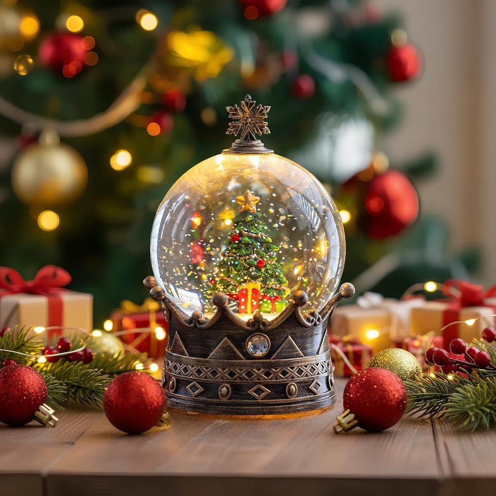 Charming Glittering Christmas Tree Crown Snow Globe with USB & Battery Modes