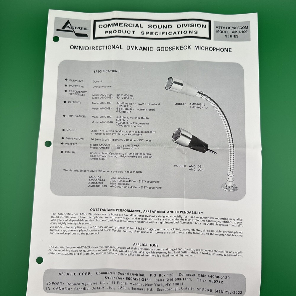 ASTATIC ~ AMC-109 DYNAMIC OMINDIRECTIONAL GOOSENECK MICROPHONE ~ NOS