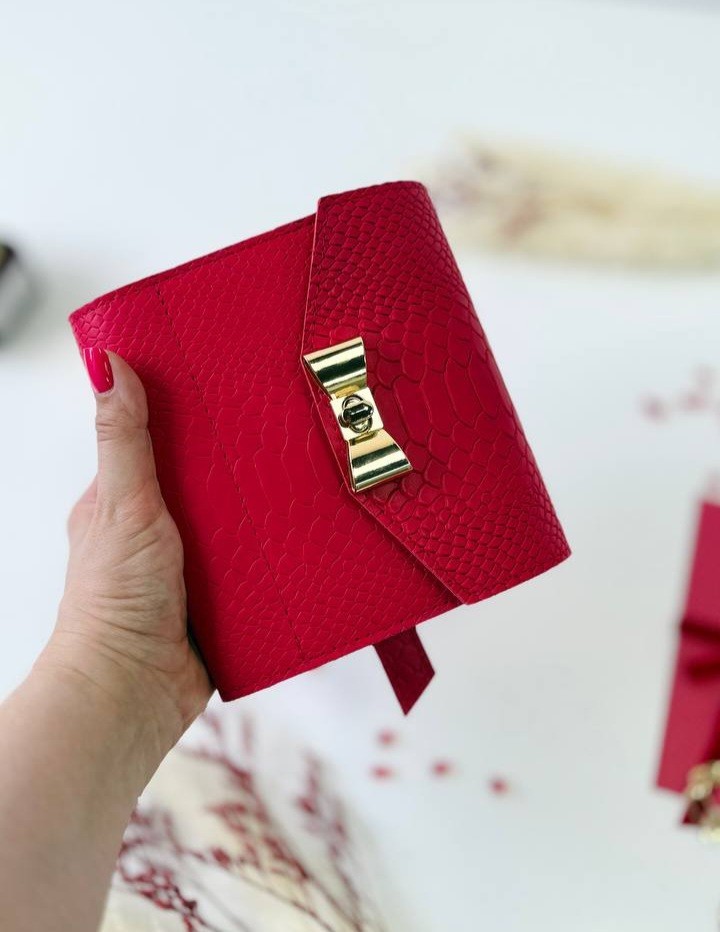 Red leather notebook cover A7 mini wallet. Lined day with time  planner gift.