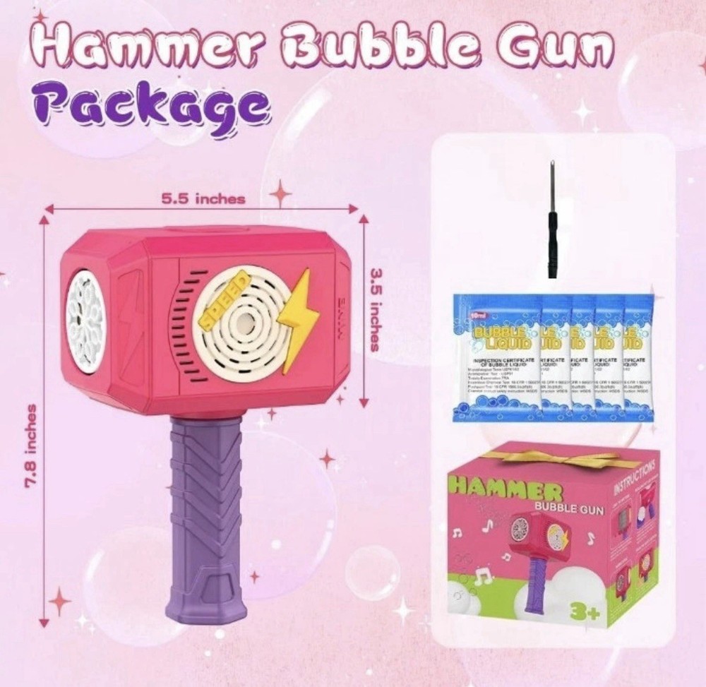 New! Bubble Machine, Hammer Bubble Gun Durable Bubble Wand w/ Light Music