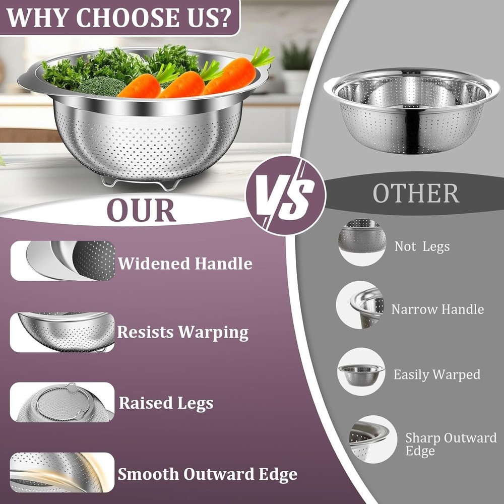 Stainless Steel Colander - 3QT Medium Capacity Strainer with Handle, Kitchen Foo