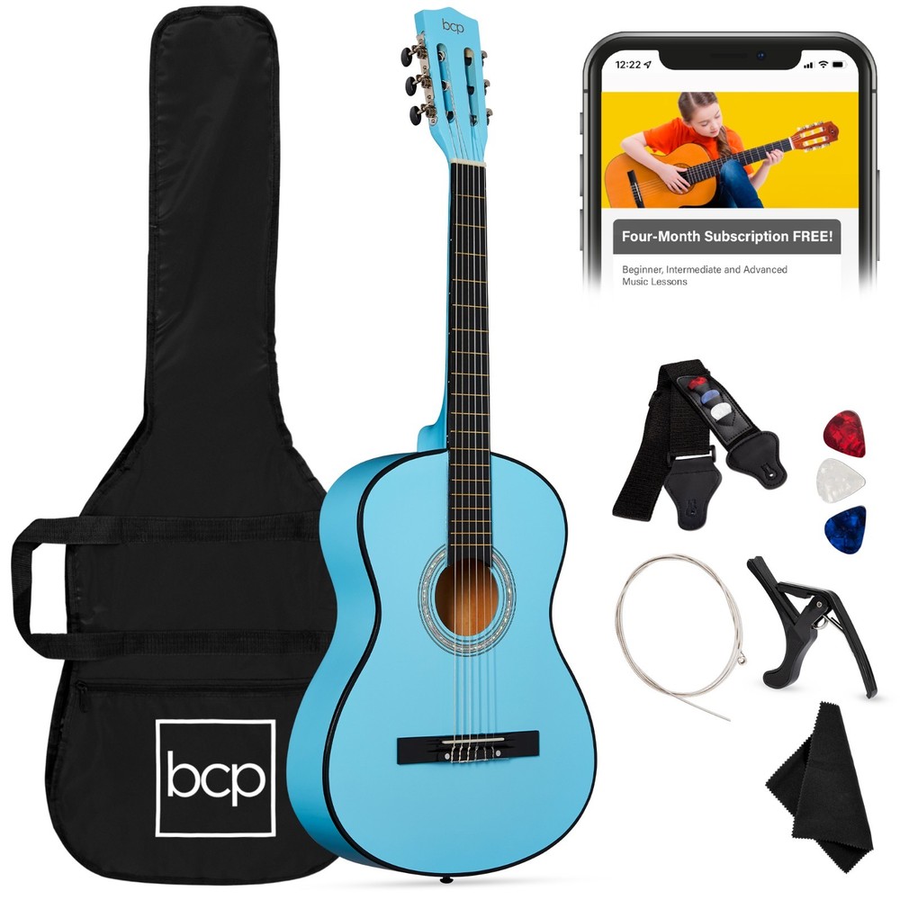 38in Beginner Acoustic Guitar Set, Light Blue, Case, Strap, Extra Strings, BCP