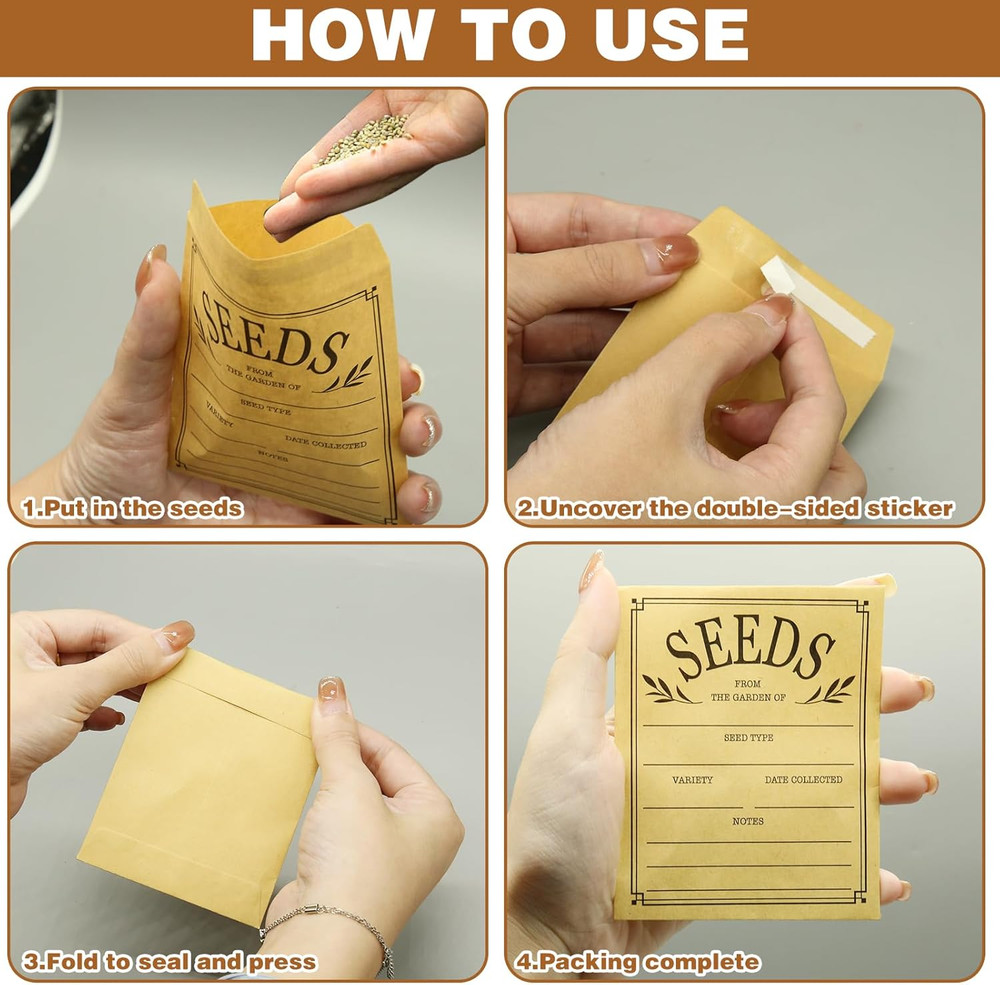 100Pcs Seed Envelopes, Seed Envelopes Resealable Brown Paper Seed Packets Envelo