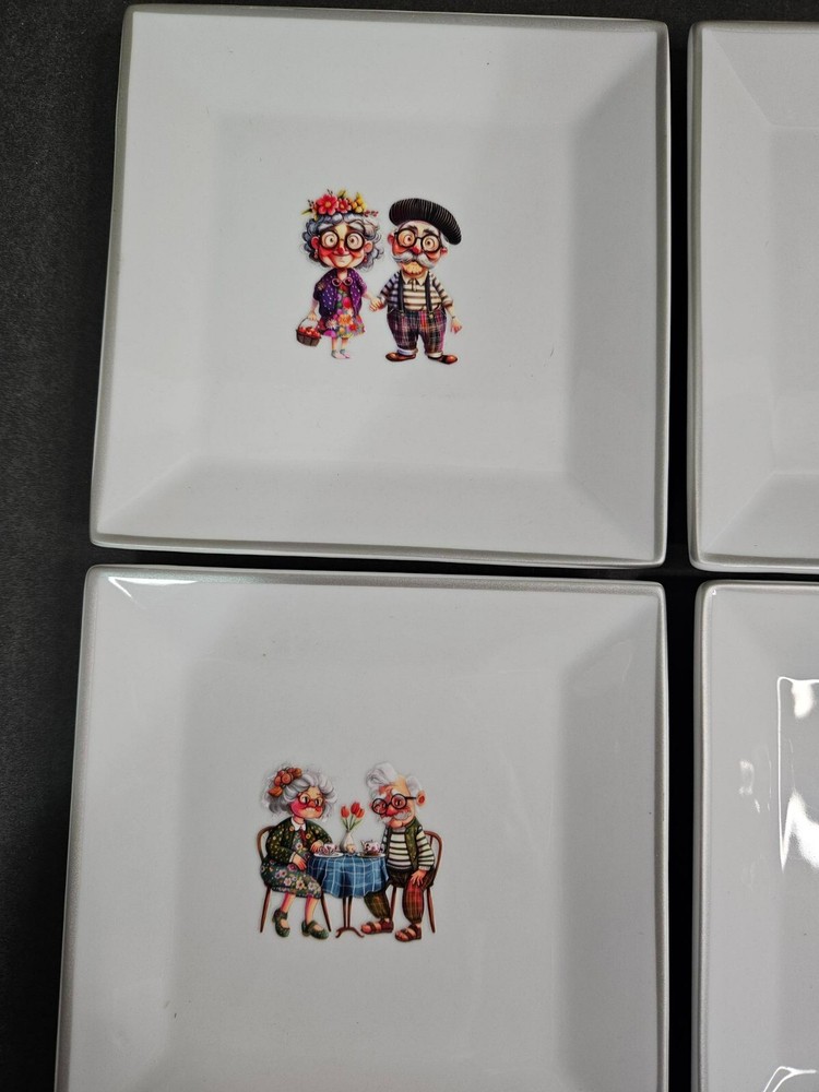 Platter & 4 Plates - Whimsical Fun Applied Images on White Ceramic