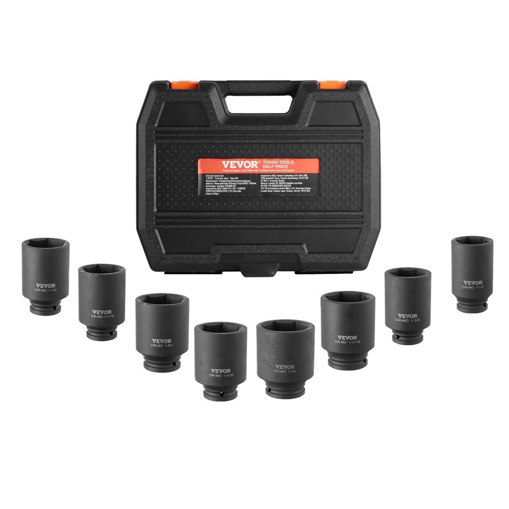 Axle Nut Impact Socket Set 1/2" Drive Deep 6-Point 8-Piece SAE Spindle Nut