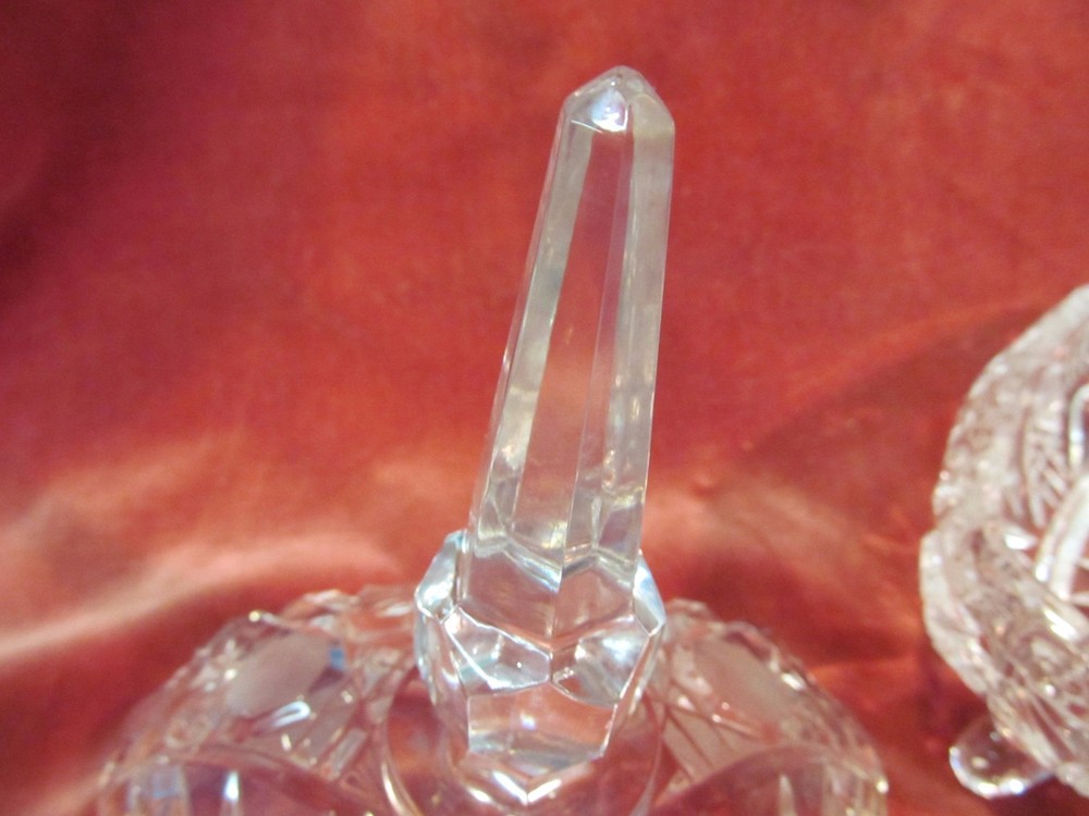 8 3/4" TRIANGULAR PRESSED GLASS LIDDED & FOOTED CANDY DISH WITH SPIKE SPIRE