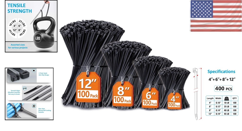 Assorted Zip Ties - 400 Pack, UV Resistant, Secure and Reliable Design
