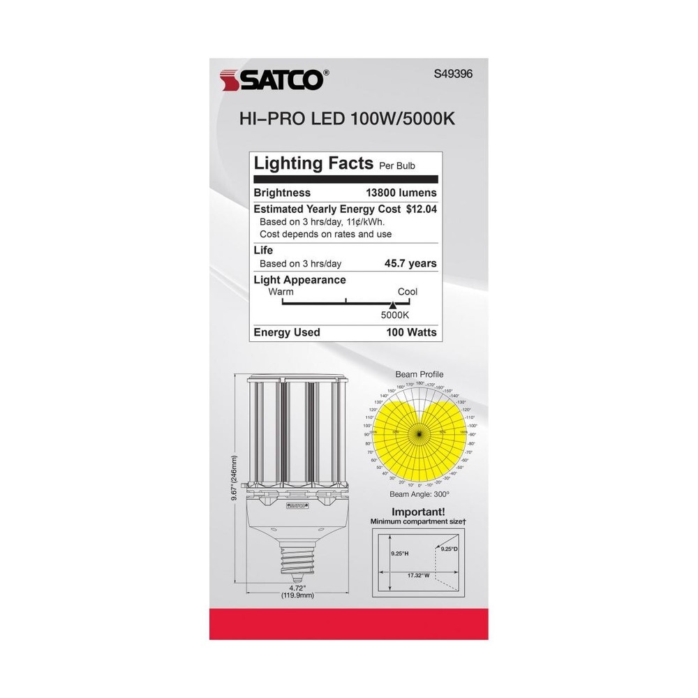 Satco S49396 - 100 Watt LED HID Replacement - 5000K - Type B; Ballast Bypass