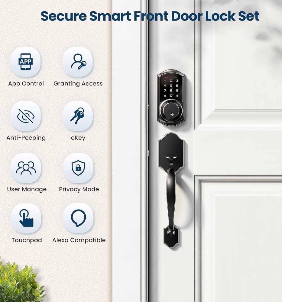 Smart Front Door Lock Set, App Control, Keyless Entry Deadbolt with Lever Handle