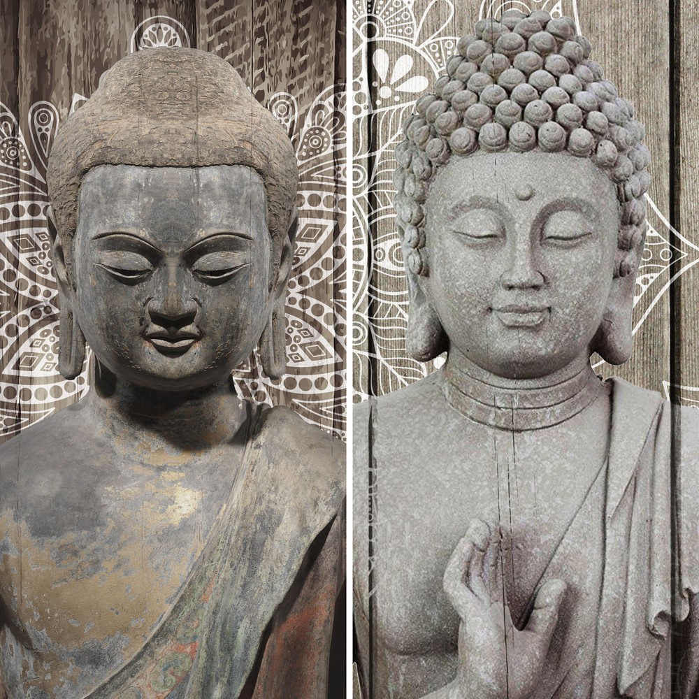 6 ft. Tall Double Sided Stone Buddha Canvas Room Divider