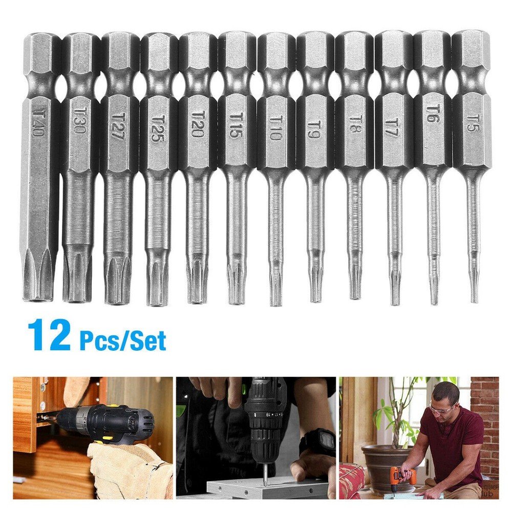 12* 50mm Tamper Proof Security Drill Bit Set Torx Screwdriver Flat Head 1/4" Hex
