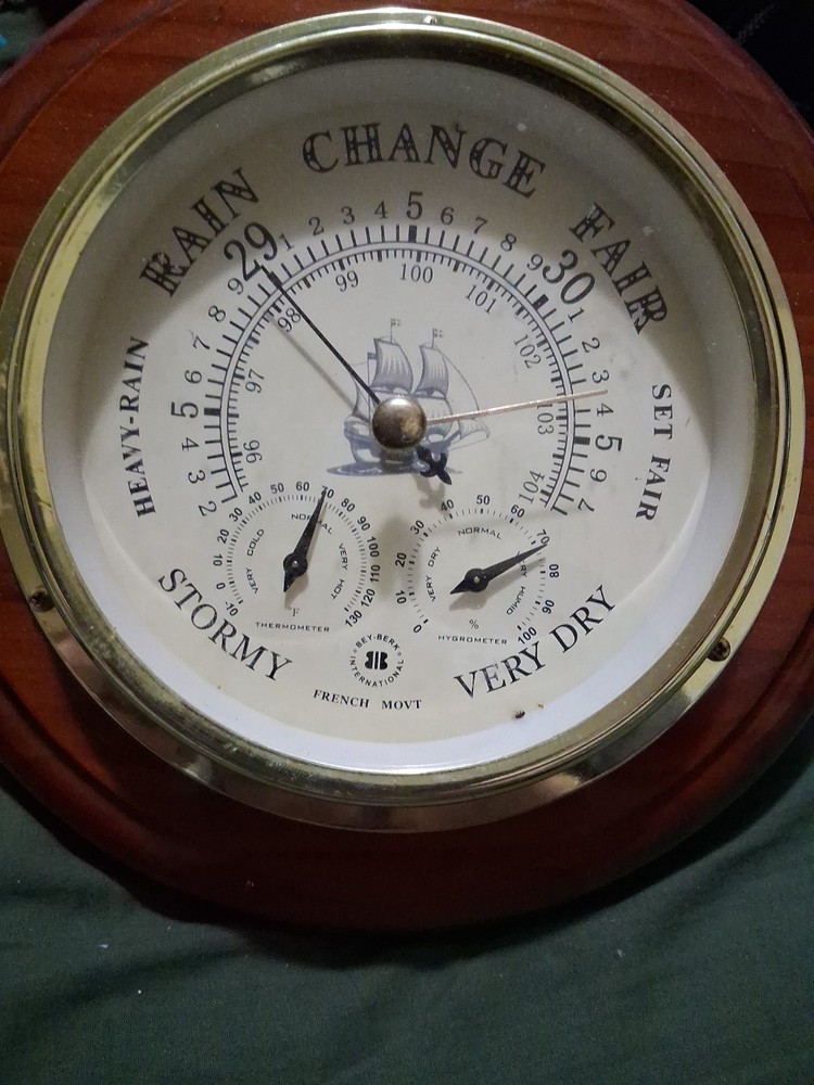 Bey Berk Barometer Thermometer Cherry And Brass, Centigrade / Celsius Excellent