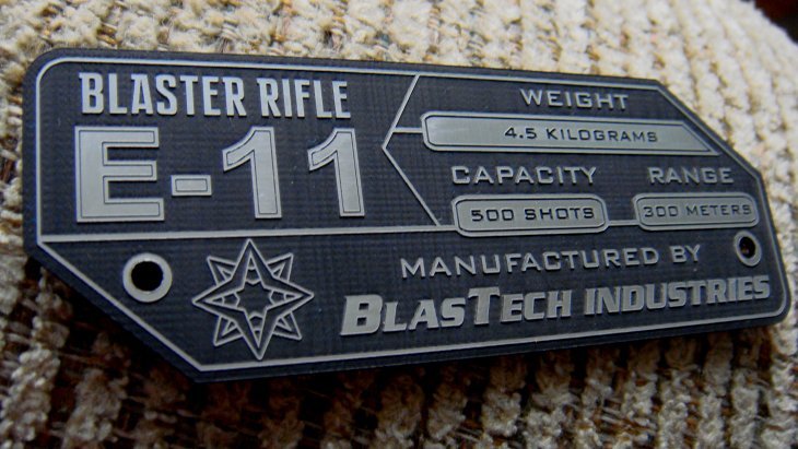 CUSTOM E-11 BLASTER RIFLE SPECIFICATIONS DATA PLATE STAR WARS STORMTROOPER