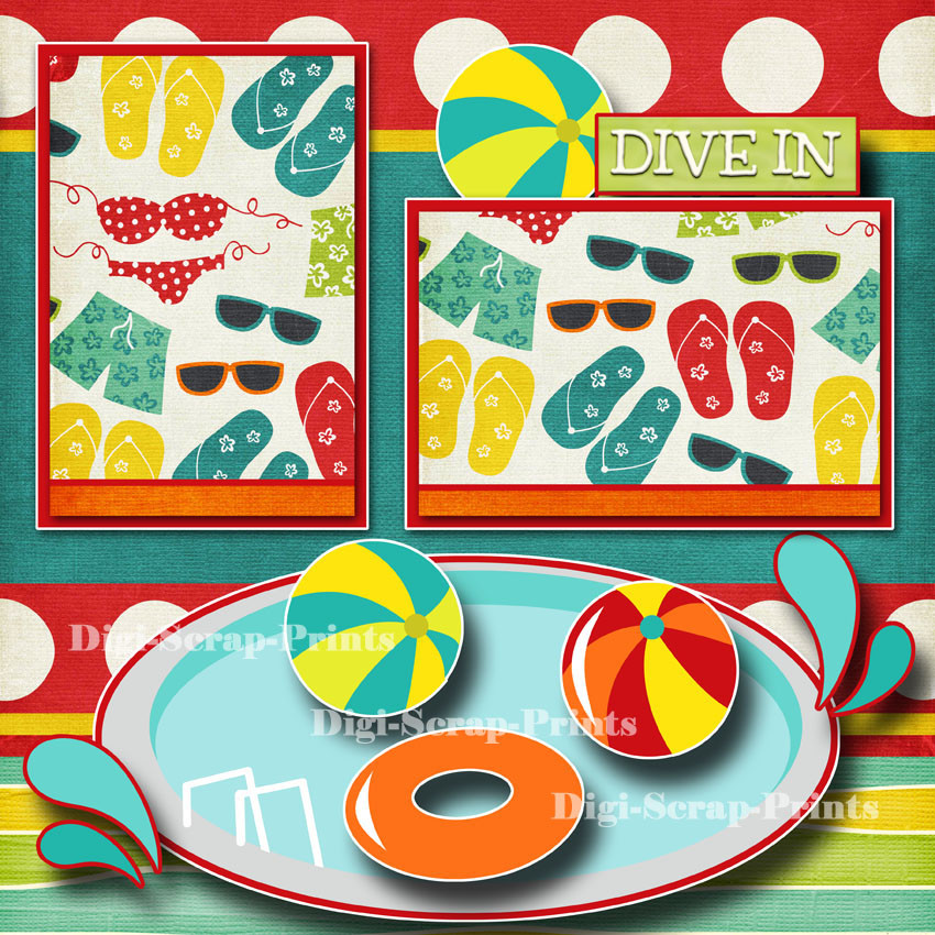 DIVE IN POOL 2 premade scrapbook pages paper piecing layout printed BY DIGISCRAP