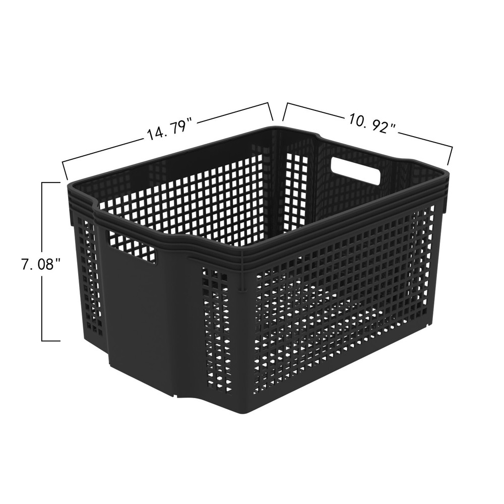 6 Pack Large Stackable Basket, Plastic Woven Basket Organizer, Black