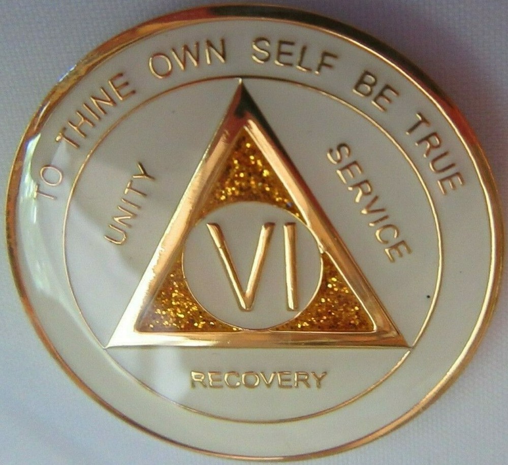White SPARKLE Alcoholics Anonymous 6 year AA Medallion Chip token