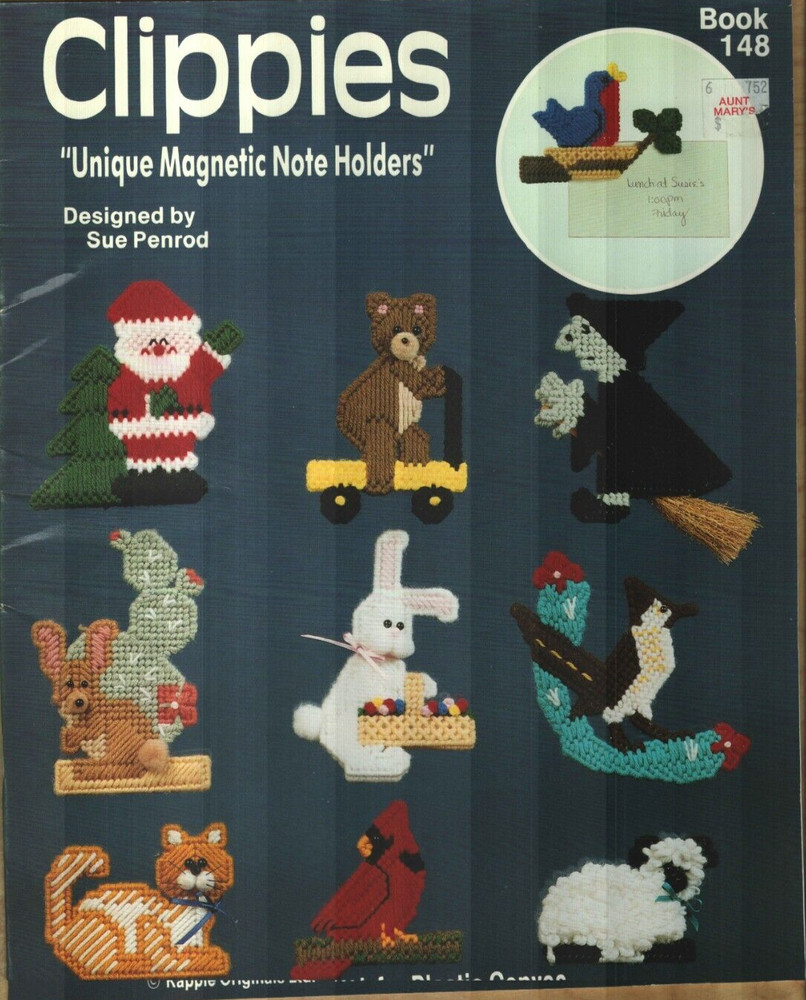 USED CLIPPIES 20 UNIQUE MAGNETIC NOTE HOLDERS PLASTIC CANVAS PATTERN BOOK
