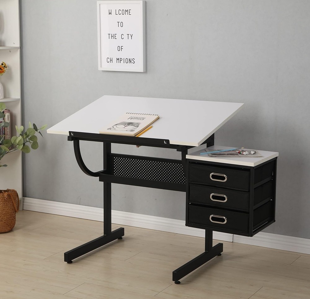Adjustable Drafting Table with Stool & Storage Art Desk for Drawing Crafting