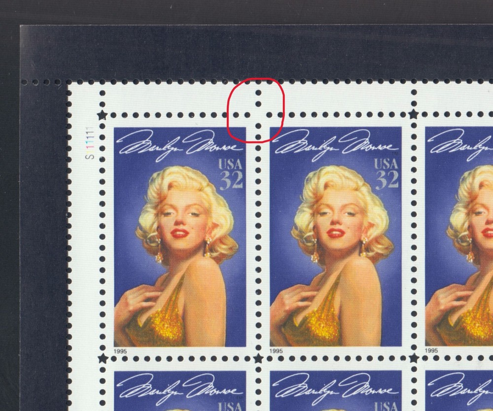 US Stamp Scott #2967 Marilyn Monroe Error Missing Star Perf VF NH