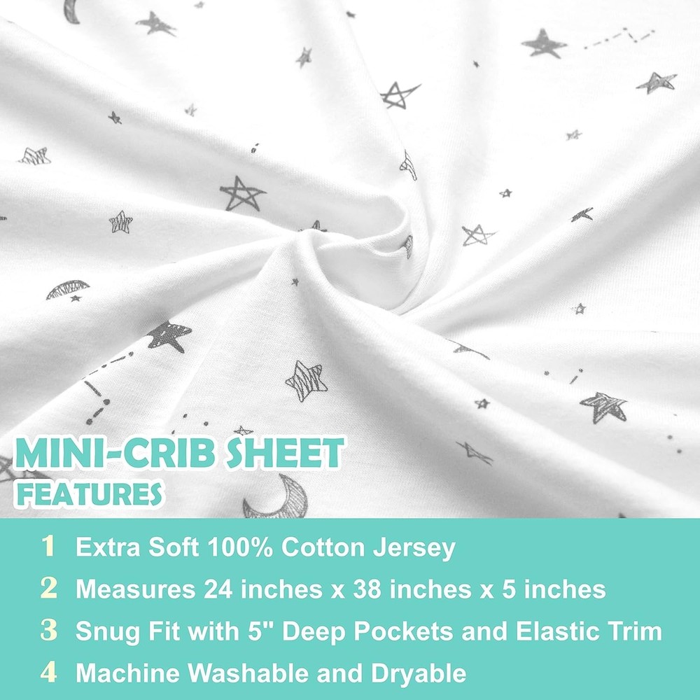 3 Pack 100% Cotton Fitted Mini Crib Sheets for Pack ‘n Play & Mini Cribs