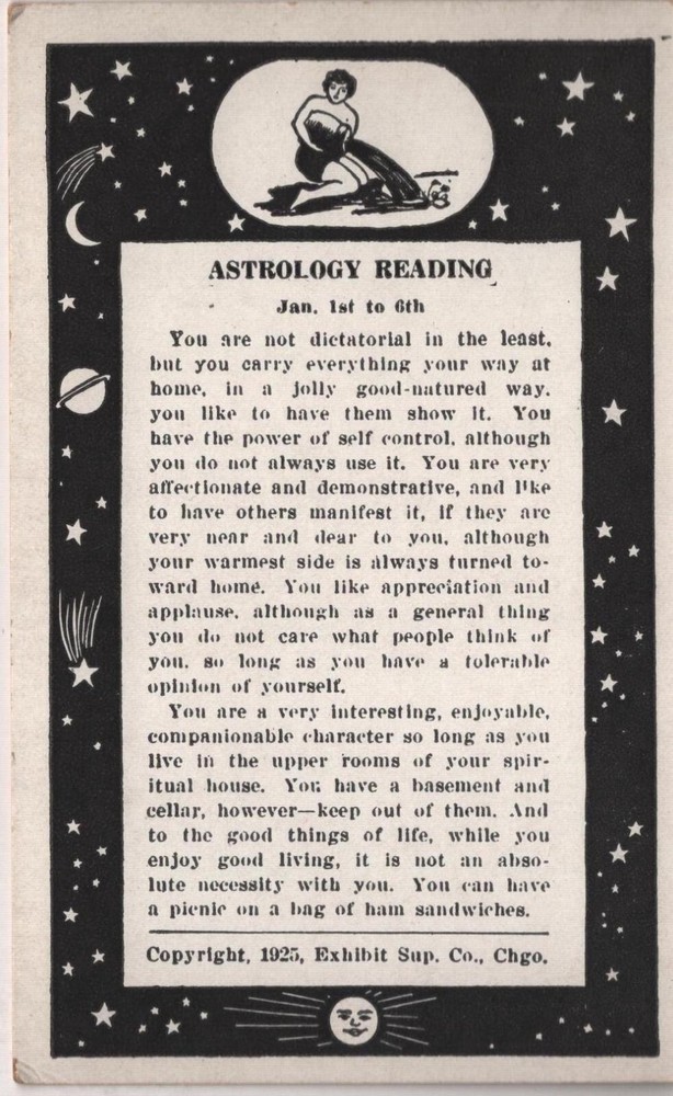 Astrology Reading - Jan 1st-6th - 1925 Arcade card