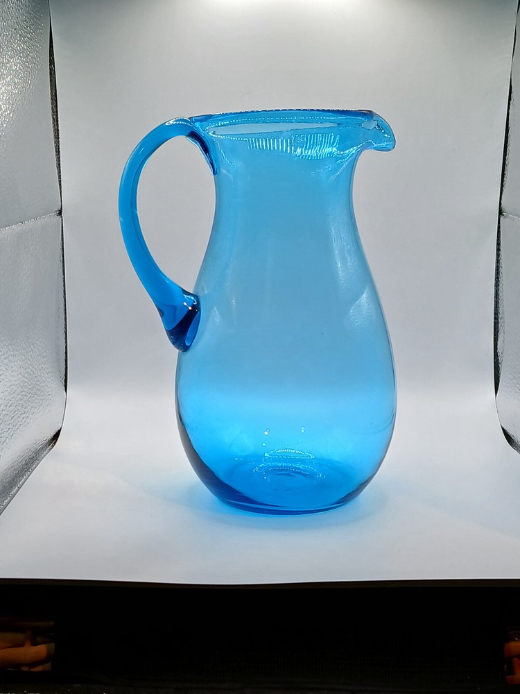 Pitcher Hand Blown Applied Handle Translucent Caribbean Blue Crystal Glass 8.25"