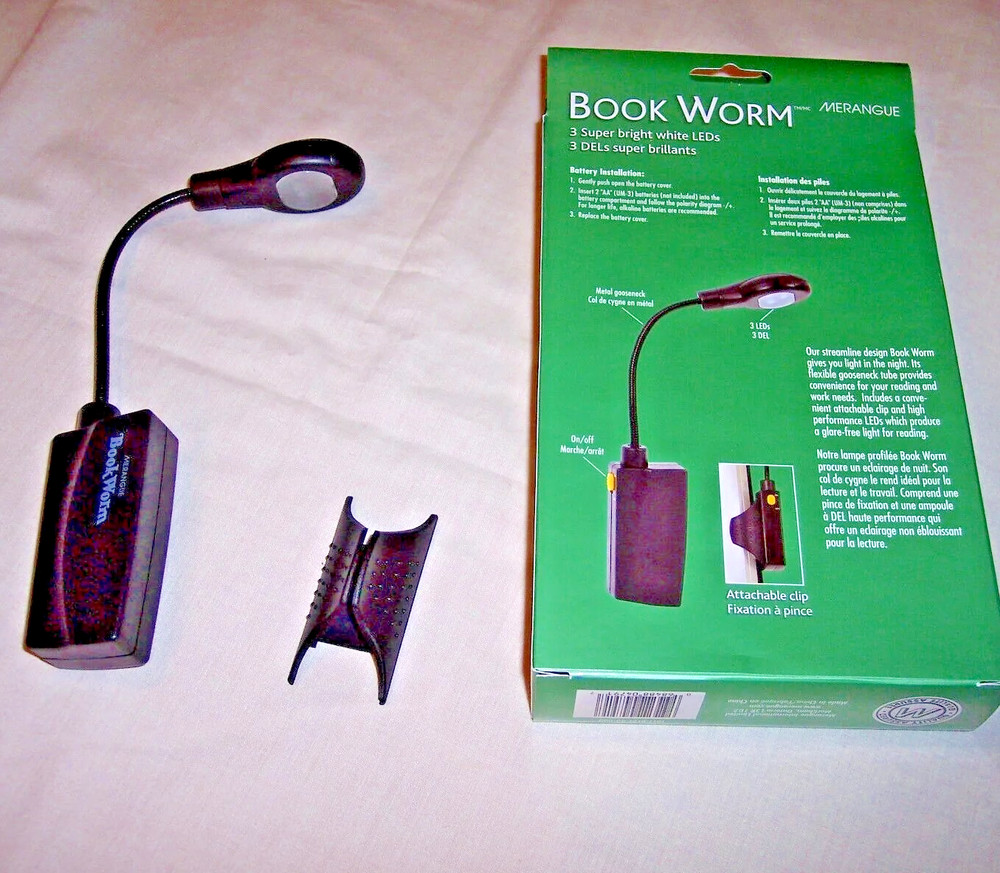 Book Light Flexable Book Worm 3 Super Bright White LEDs, Attachable Clip