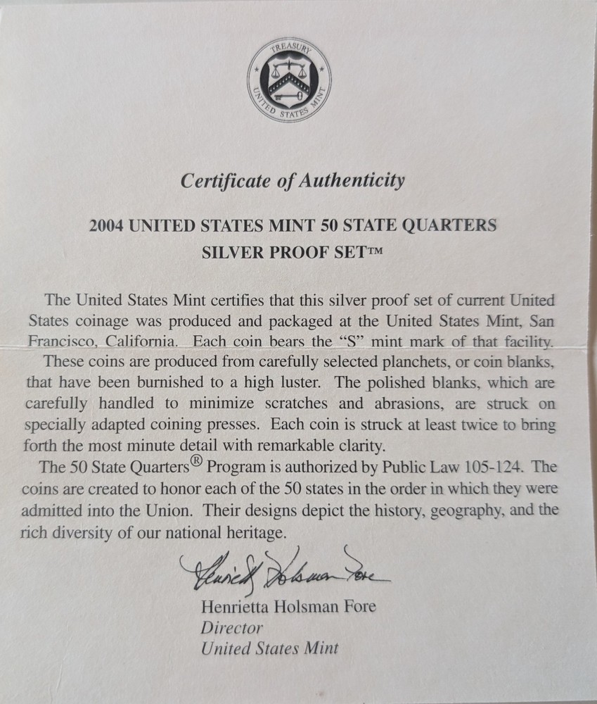 2004 US Mint Silver State Quarter Proof Set in Original Box with COA