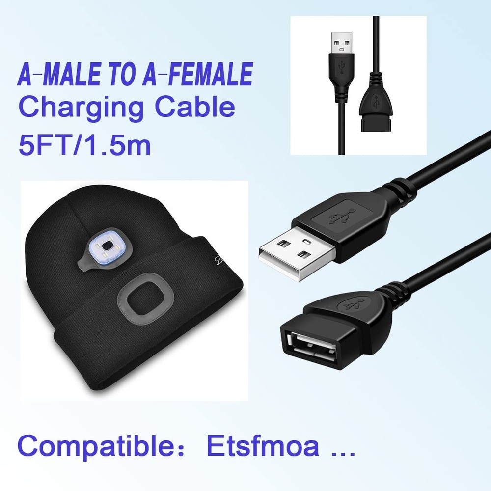 5FT Charger Cable for Etsfmoa LED Beanie Hat with Light, Micro USB, Black