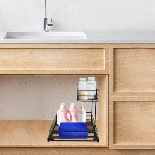 2-Tier Pull-out Cabinet Storage Rack, Sliding Out Storage Rack Under Sink, Black