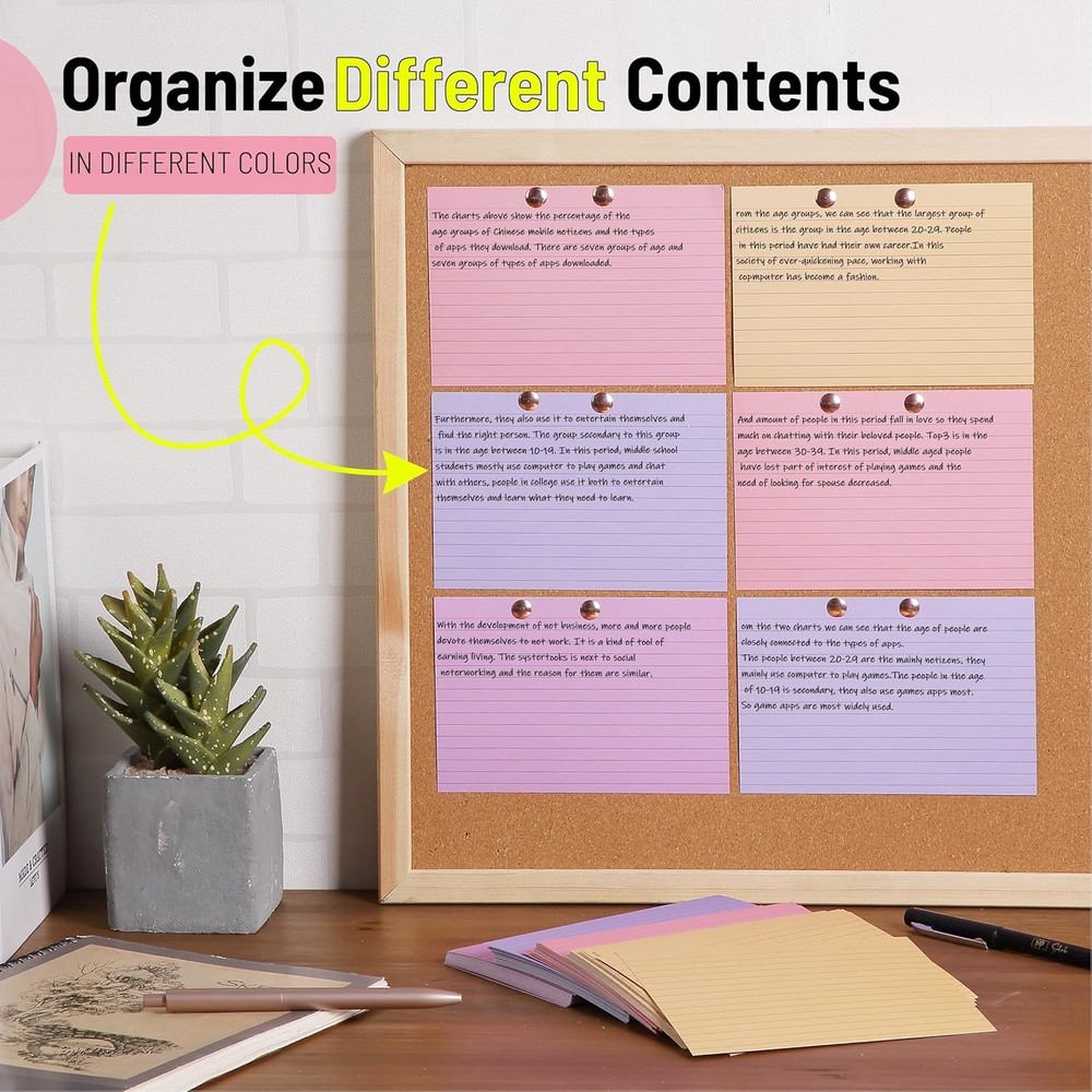 Vibrant 4x6 Lined Index Cards - 144 Durable Study Note Cards for Organization