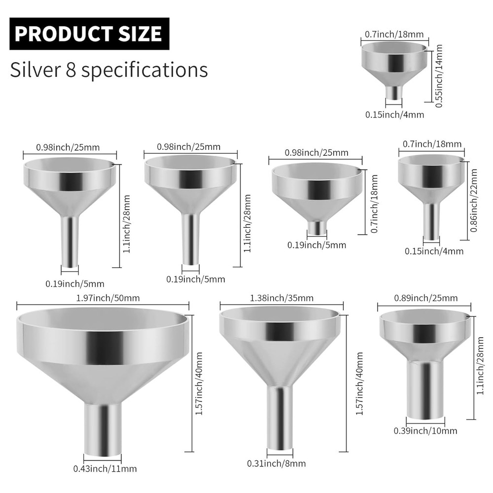 Small Metal Funnels Mini Funnel 8 Size Tiny Bottle Funnel, Miniature Atomizer...
