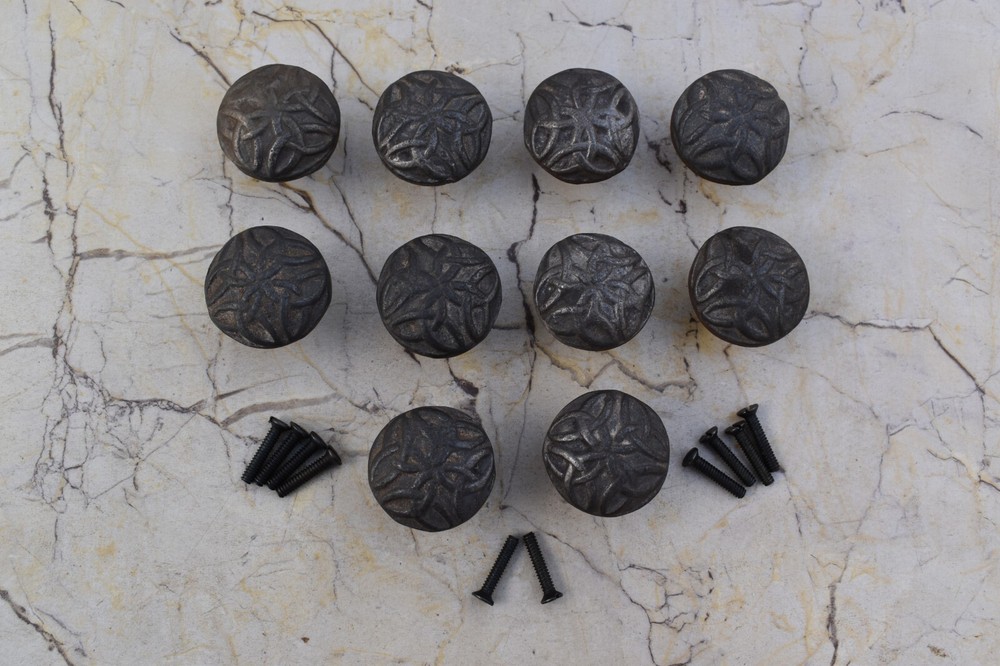 Vintage cast Iron round door knobs cabinet drawer handles pull rustic 10 pcs