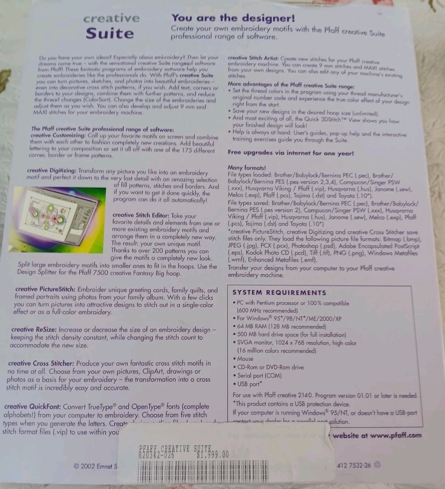 Pfaff PC CREATIVE SUITE Software W/DONGLE HTF 4 WINDOWS Gently Used Orig $2000.
