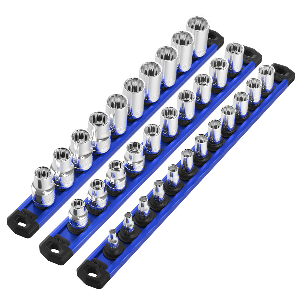WORKPRO 3-PCS Magnetic Socket Organizer 1/4" 3/8" 1/2" Set Drive Socket Holder