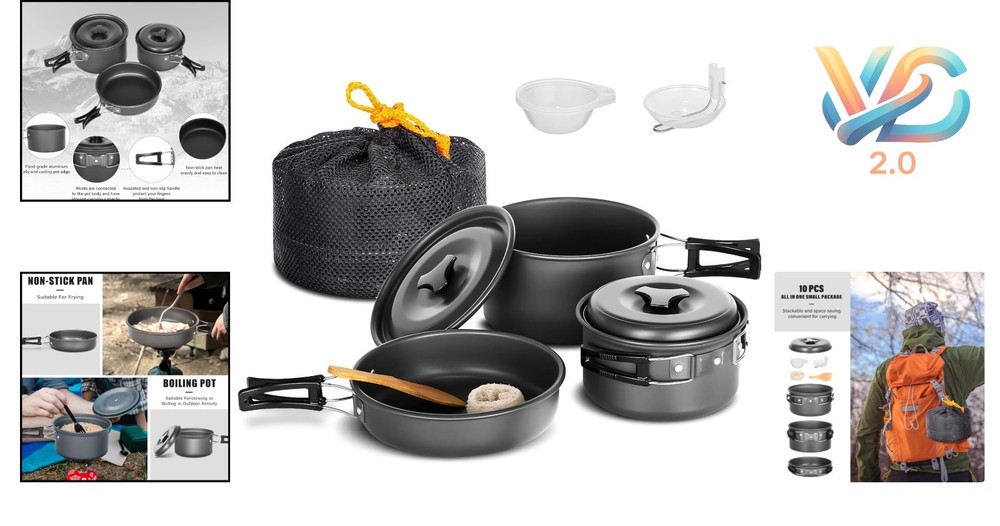 10pcs Camping Cookware Set Non-Stick Lightweight Stackable Pots Pans with Bag