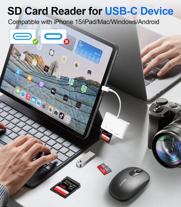 USB C SD Card Reader for iPhone 15-17, C to Micro Memory White