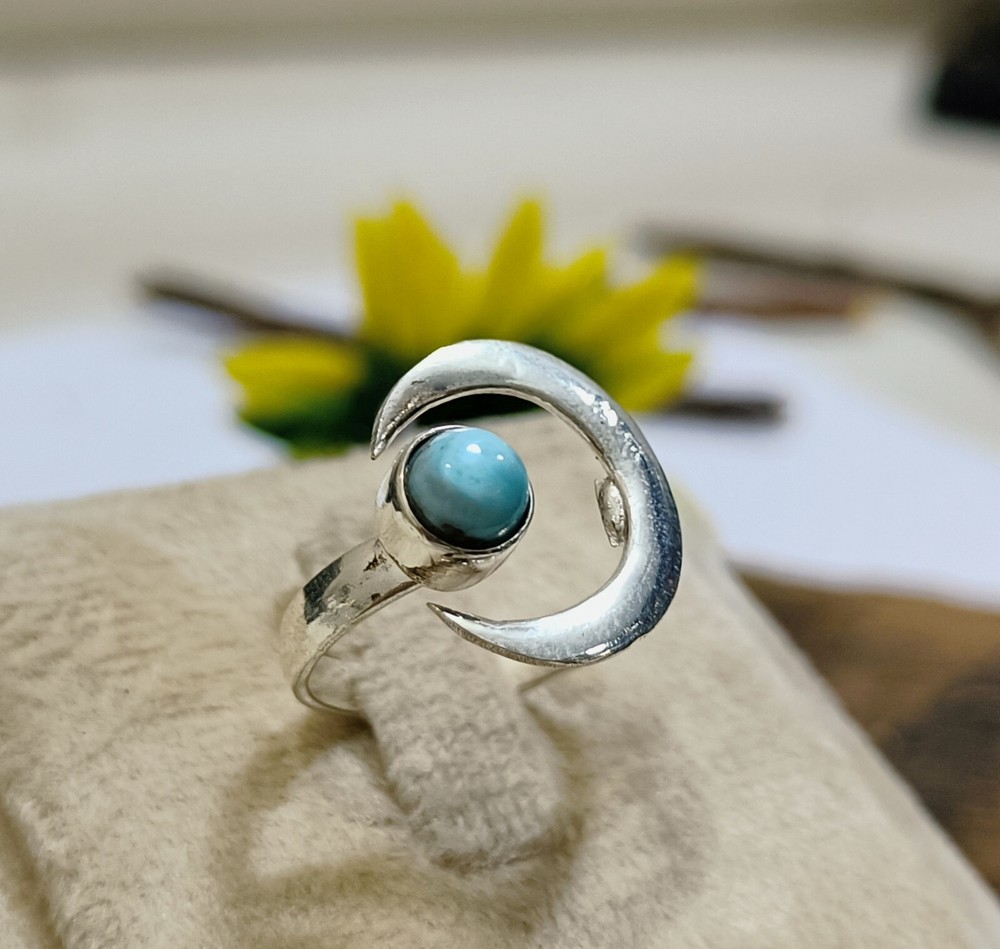 Larimar Moon Shape Ring Handmade Designer Ring 925 Sterling Silver Size 9 A29