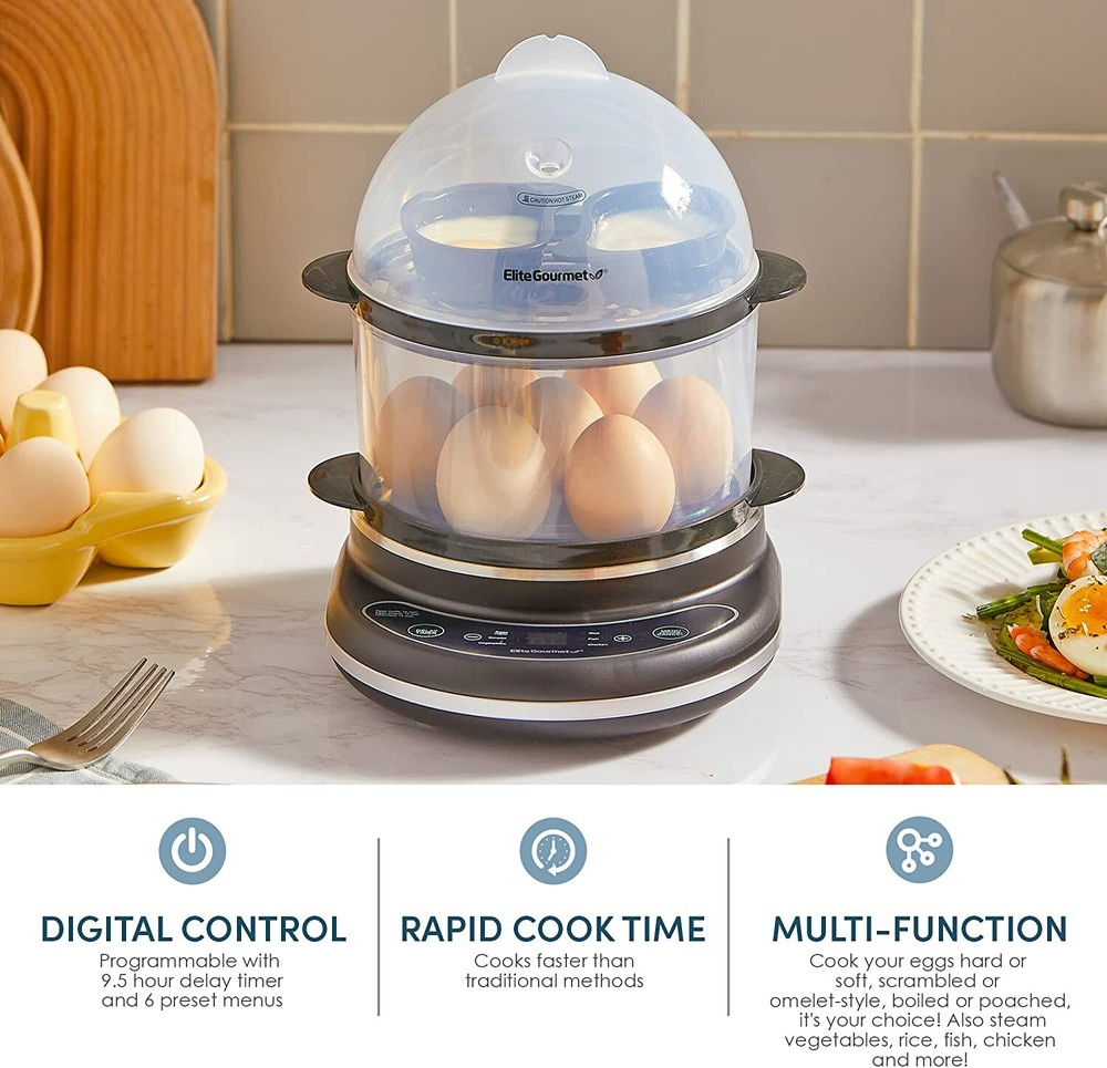 Elite Gourmet Easy Egg Cooker Programmable Presets and Delay Timer, BPA Free