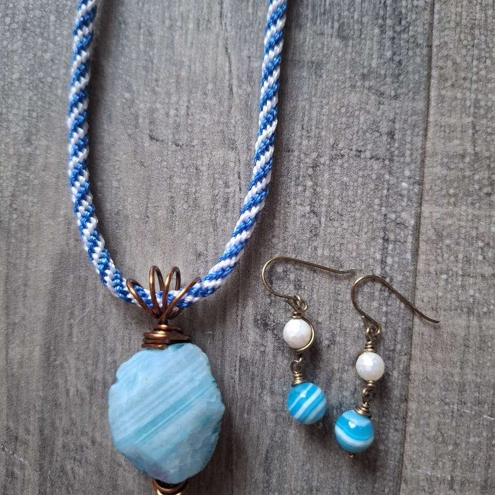 Statement Wire Wrapped Boho Blue Stone Style Necklace And Earrings Set Boho