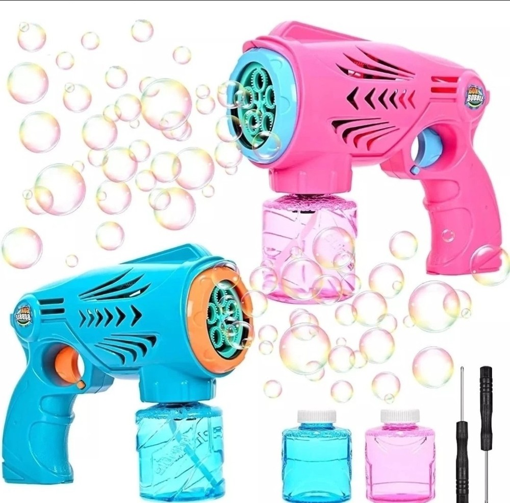 2 Bubble Guns With Bottles Refill Solution (10Oz Total) Pink & Blue