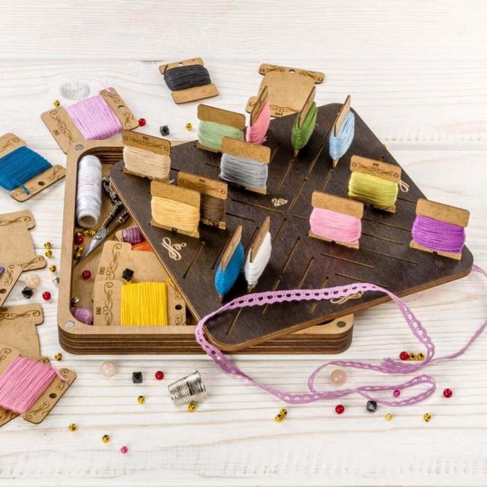 Plywood Needlework Box + 46 spools Needlework Organizer Thread/Floss organizer